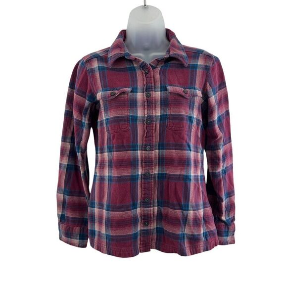 Patagonia Fjord Flannel Button Down Shirt Women's Size 2 Plaid Red Blue Long - Picture 13 of 16